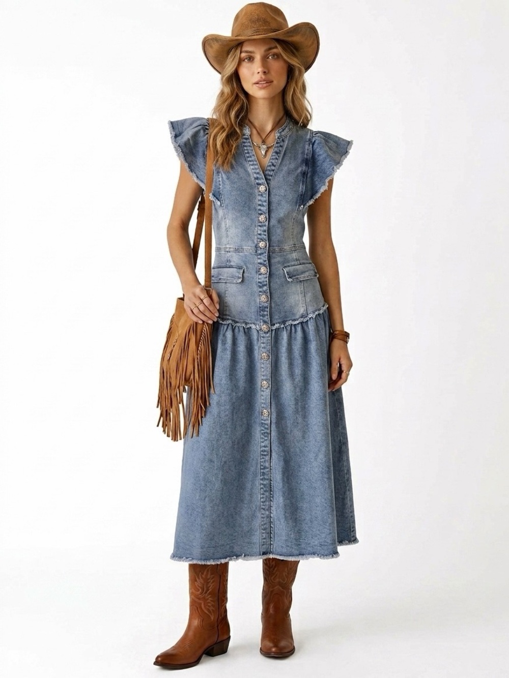 En Saison Flutter Sleeve Frayed Denim Tiered Midi Dress XS NWT